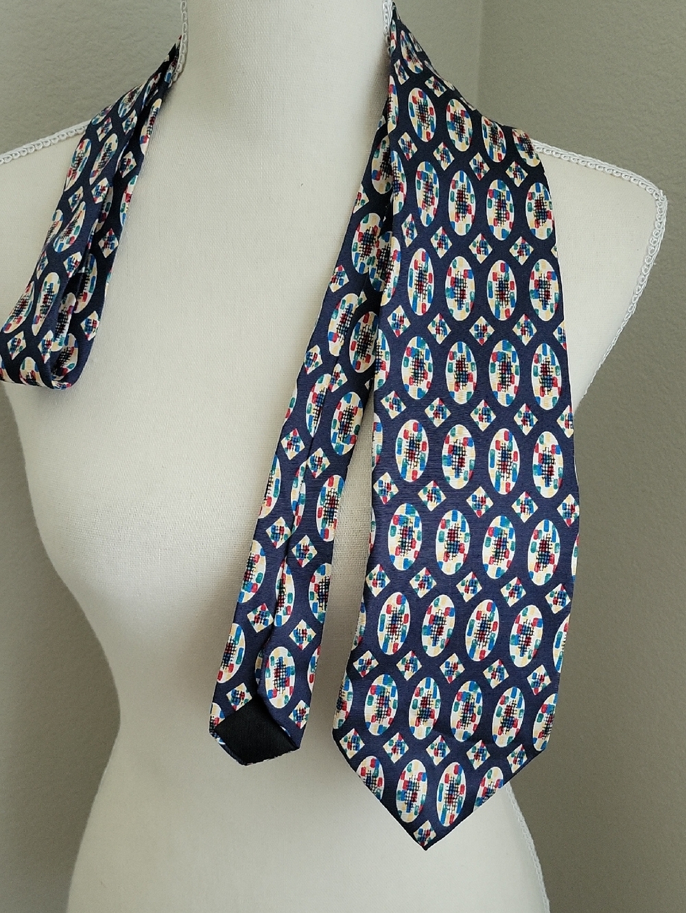 Vintage Hardy Amies Navy Silk Tie with Multicolor Oval Medallions